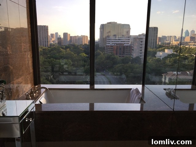 A stunning, deep soaking bathtub offering a panoramic view of Turtle Creek, inviting deep relaxation and luxury.