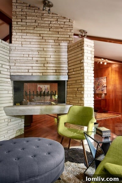 Your Exclusive Tour of a Modern Mile Mid Century Home 4 Modern Mile Dallas Home Tour, detailed view of a midcentury modern fireplace and large windows
