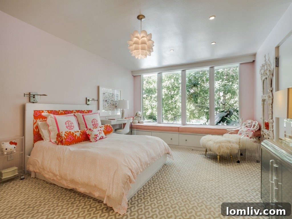 A creative and vibrant workspace or den within the home, demonstrating eclectic decor.