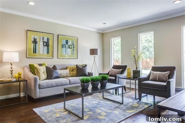 Spacious Living Room with Large Brick Fireplace and Built-in Bookshelves