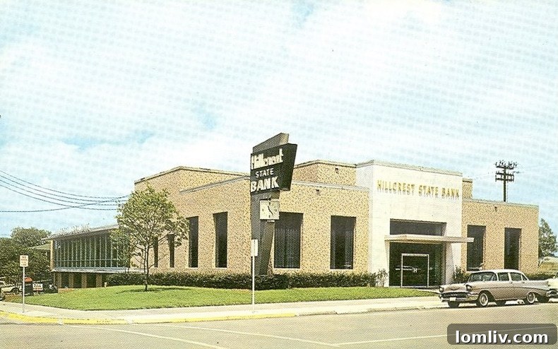 Historic image of George Dahl’s original Hillcrest State Bank with a classic Chevy car.