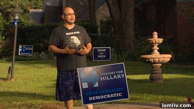 A news report screen showing political yard signs