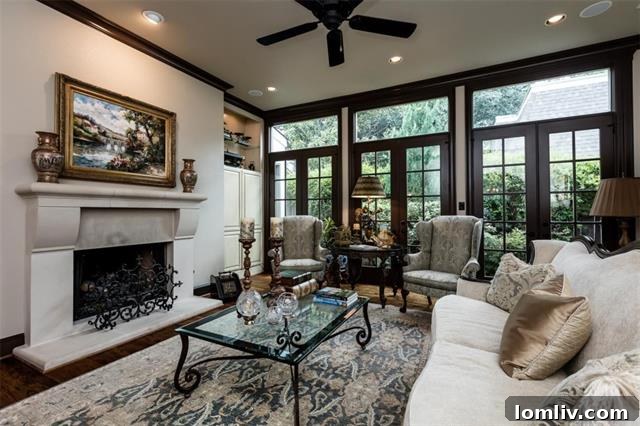 The formal living room with one of three wood-burning fireplaces and French windows overlooking a side garden.