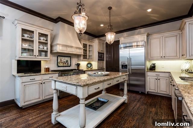 Spacious gourmet kitchen at 4067 West 7th Street, featuring a professional stainless steel range and granite-topped center prep table.