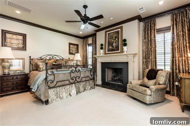 Ground floor master bedroom at 4067 West 7th Street, featuring a cozy fireplace and ample space for a king-size bed and sitting area.