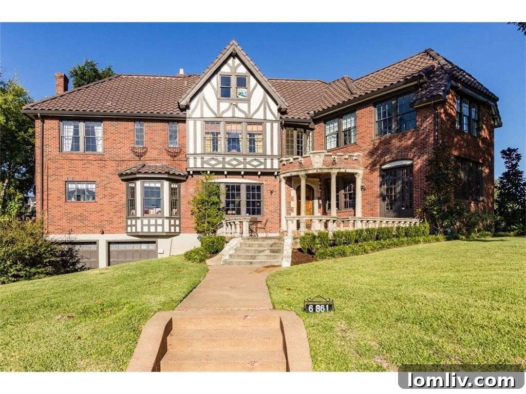 The stately main entrance of the Dines and Kraft Tudor home, facing Lakewood Boulevard.