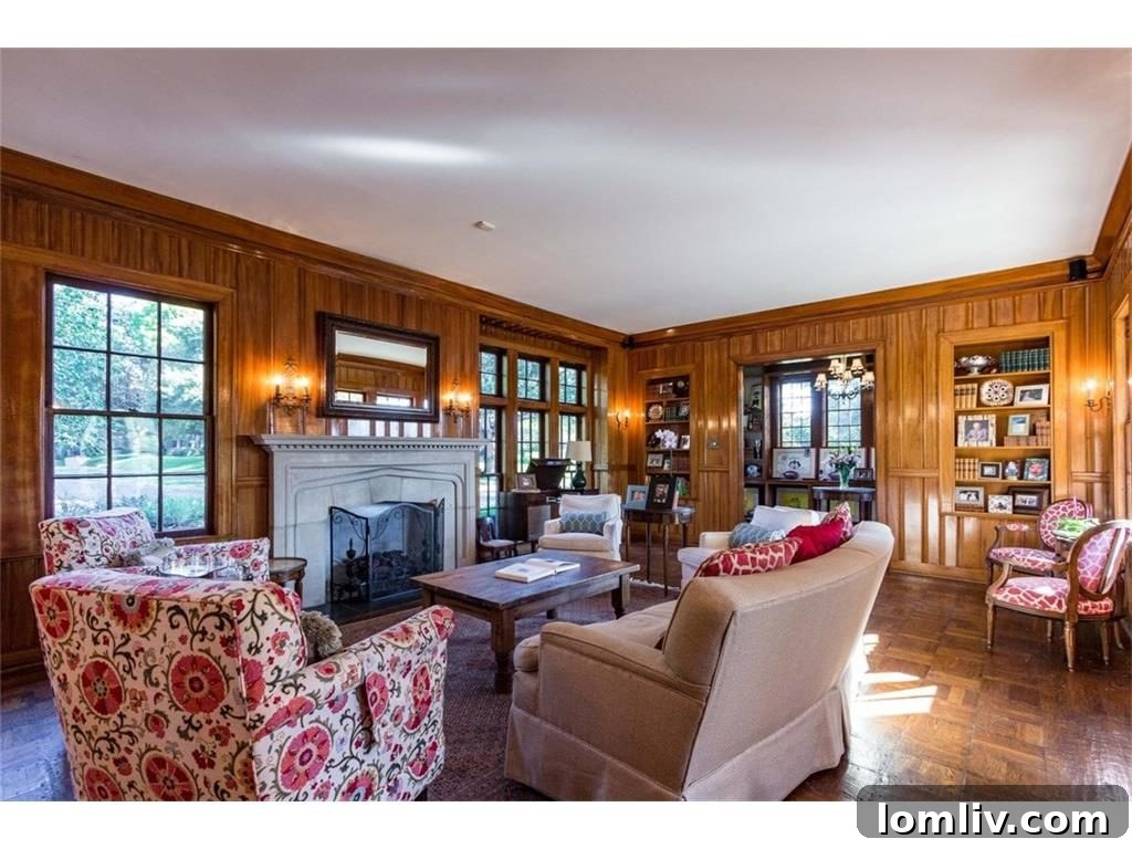 Original Red Gum wood paneling in the living area, creating a deep, warm ambiance in the historic Lakewood Tudor.