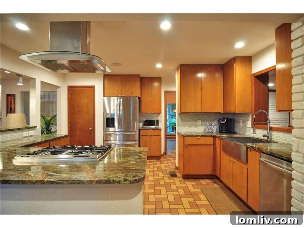 Modern kitchen with retro touches, featuring stylish cabinetry and a spacious layout
