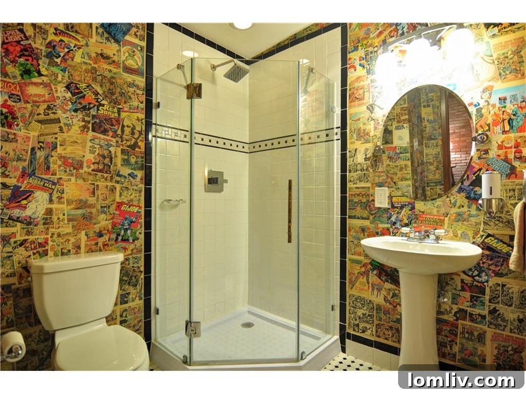 Guest bathroom walls creatively covered with vintage comic books, offering a playful touch