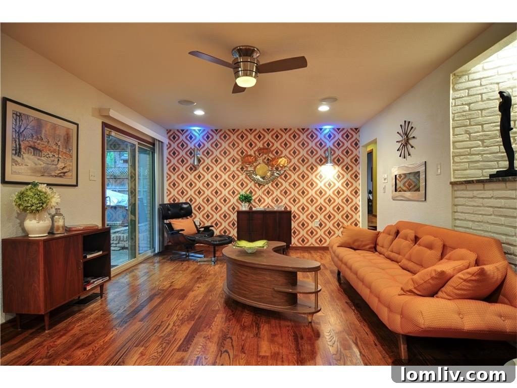 Cozy seating area with vintage decor and bold wallpaper in the family room