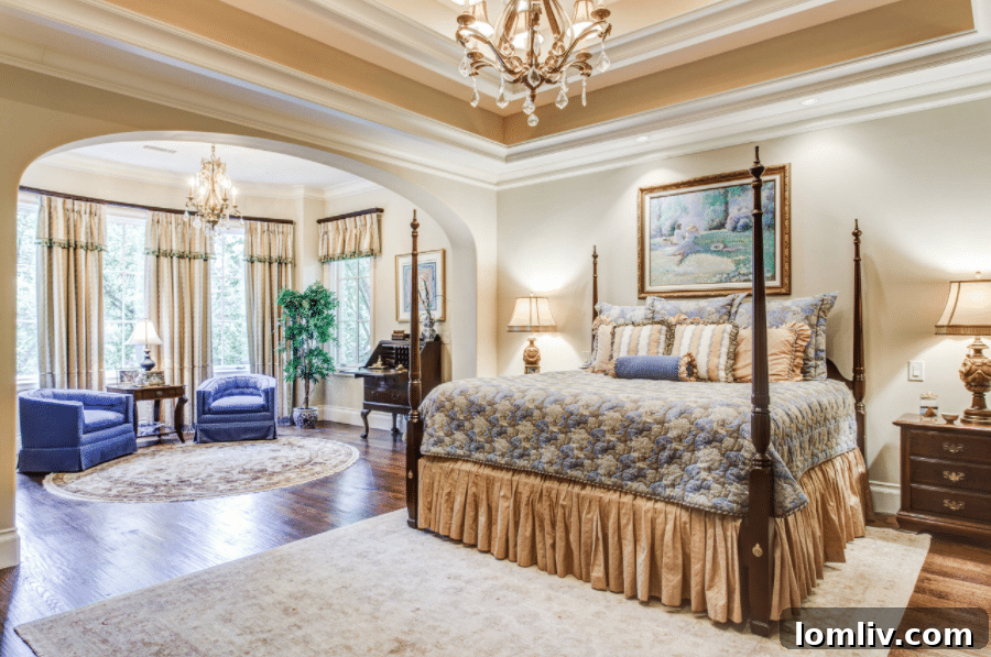 Open concept living space with a blend of modern and traditional furniture, ample natural light, and a sophisticated color scheme.
