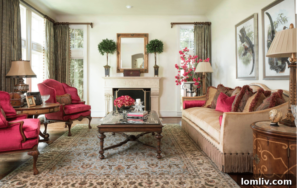 Elegant formal living room with antique console table, classic art, and luxurious seating, showcasing a refined aesthetic.