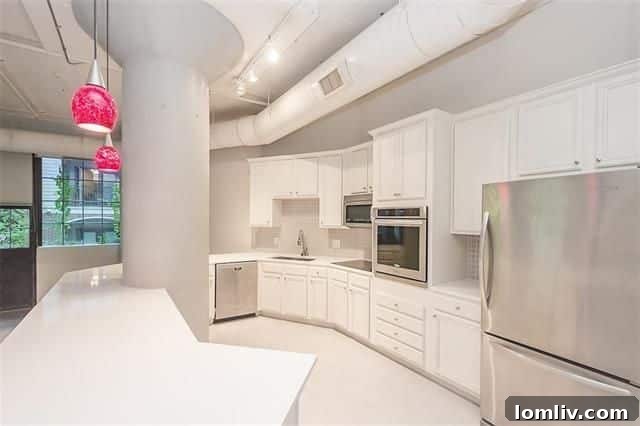 Gourmet kitchen with stainless steel appliances and large breakfast bar in 2220 Canton loft