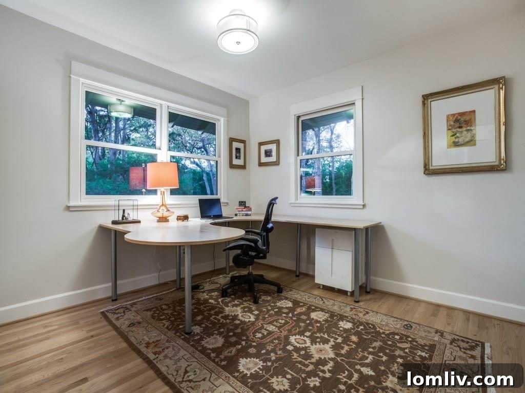 Frank Welch Protégé Redefines Texas Contemporary in Lake Park Estates 21 A well-appointed home office with a private entrance, designed for productivity and concentration.