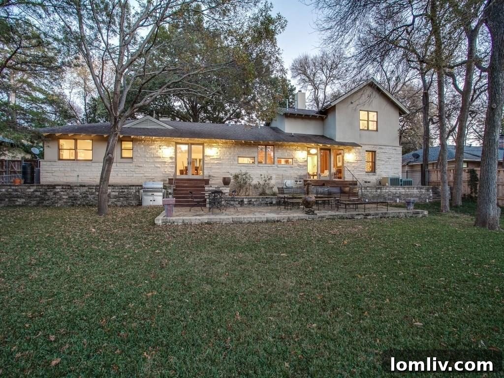 Frank Welch Protégé Redefines Texas Contemporary in Lake Park Estates 24 Overhead view of the sprawling private backyard, highlighting the mature trees and the peaceful, secluded ambiance.