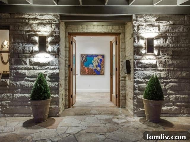 Frank Welch Protégé Redefines Texas Contemporary in Lake Park Estates 4 Spacious open-concept living area with soaring vaulted ceilings, exposed beams, and a grand two-story stone fireplace, bathed in natural light.