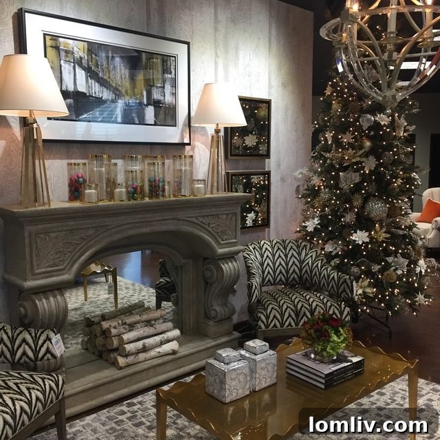 Festive and luxurious holiday decor at IBB Design Fine Furnishings Frisco showroom, featuring elegant arrangements and vibrant accents.