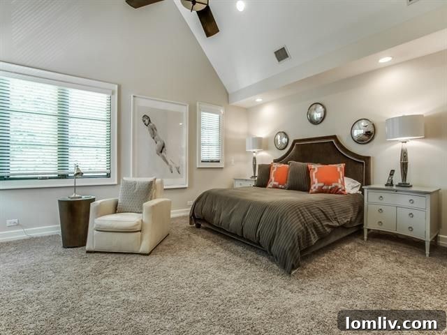 Luxurious master bathroom with vaulted ceilings in the townhome.