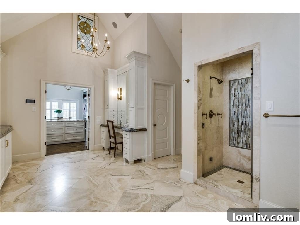 Vanity area in a luxury bathroom with ample counter space and stylish lighting