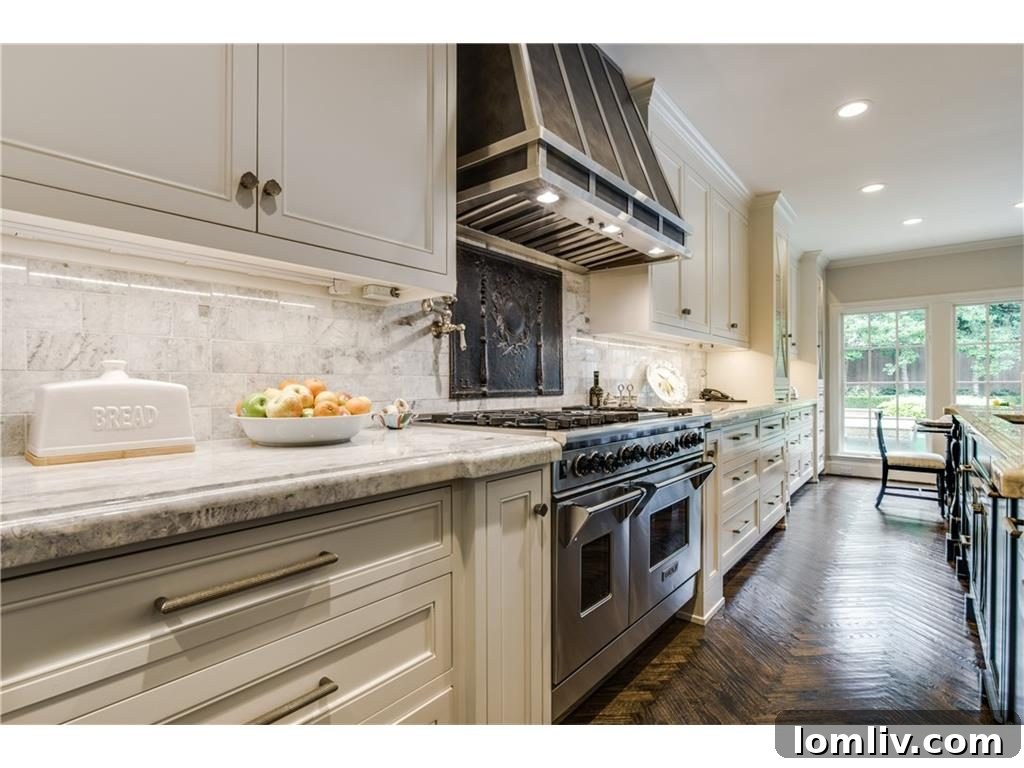 Gourmet kitchen with pristine Princess White quartzite countertops and stainless steel appliances