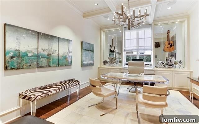 Sophisticated home office with custom fiber optic lighting and pocket doors