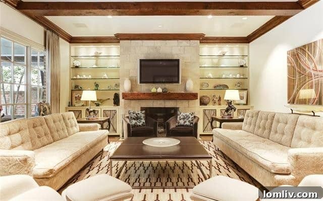 Cozy family room with redesigned custom cabinetry and classic wood beams