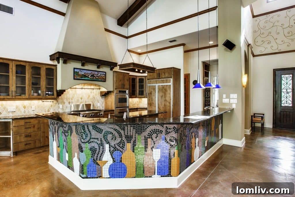 The Lakefront Side of Fort Worth You Never Knew 5 Kitchen island featuring an intricate mosaic tile design, reflecting the home's festive and unique style