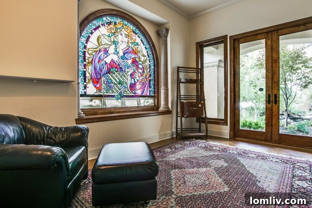 The Lakefront Side of Fort Worth You Never Knew 7 Unique stained glass window depicting a wine goddess, a bespoke artistic element in the home