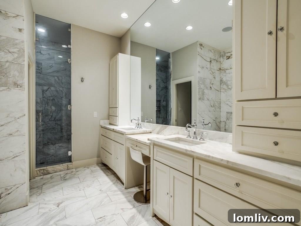 Detail of the Jack-and-Jill bathroom's vanity, emphasizing the quality of materials and contemporary fixtures.
