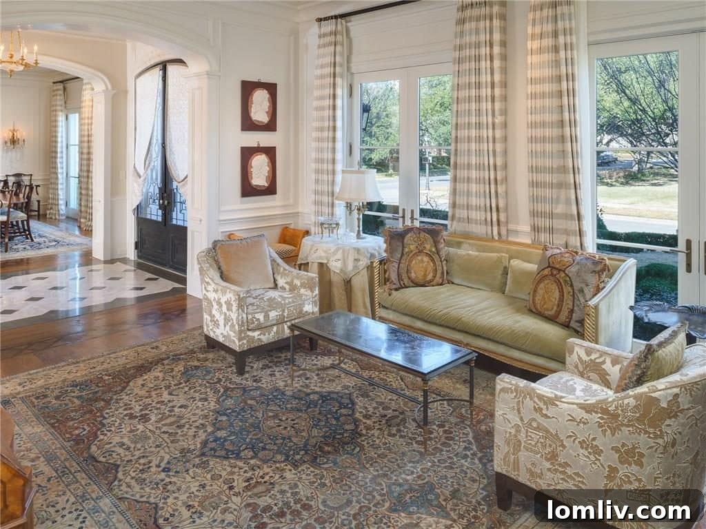 Spacious Dining Room with Chandeliers and Decorative Wall Panels