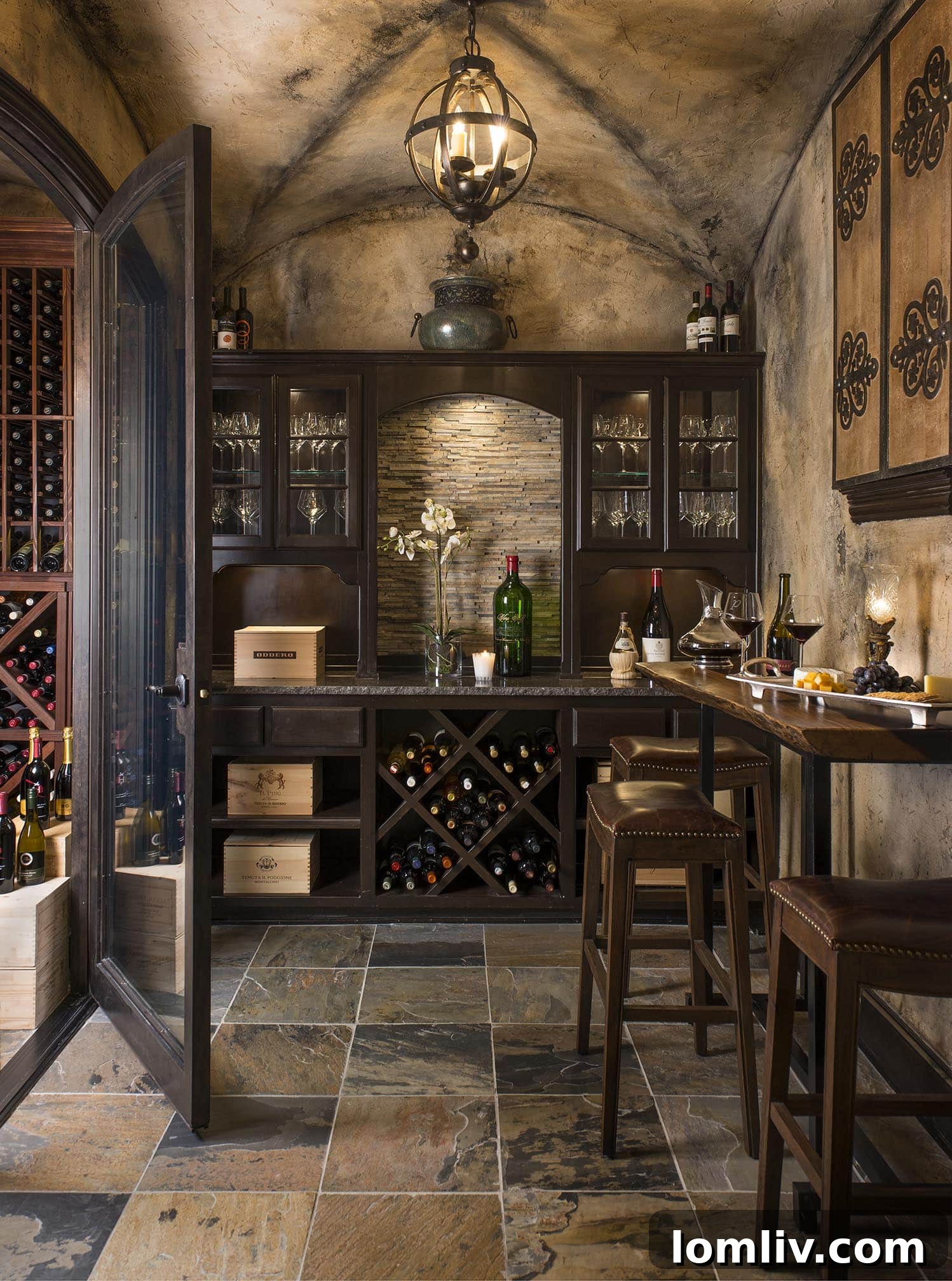 Temperature-controlled wine storage and tasting room with a Katalox wood table