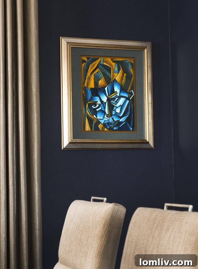 Details of an elegant dining room with a hair-on-hide rug and daughter's artwork