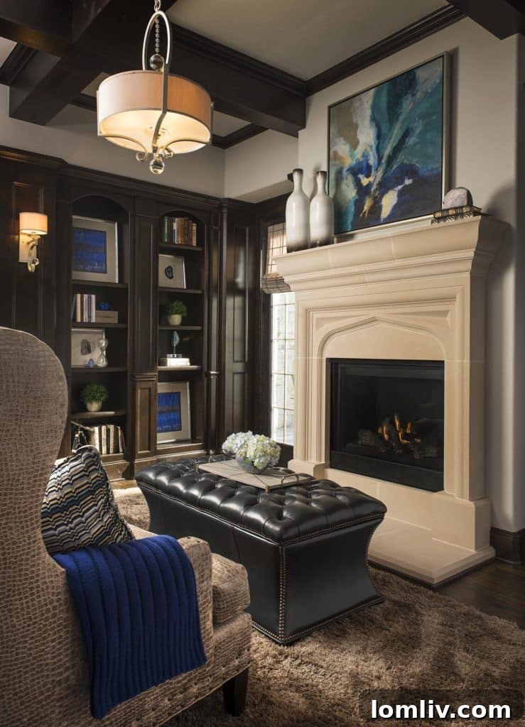 Detailed view of a rich, espresso-stained library with coffered ceiling