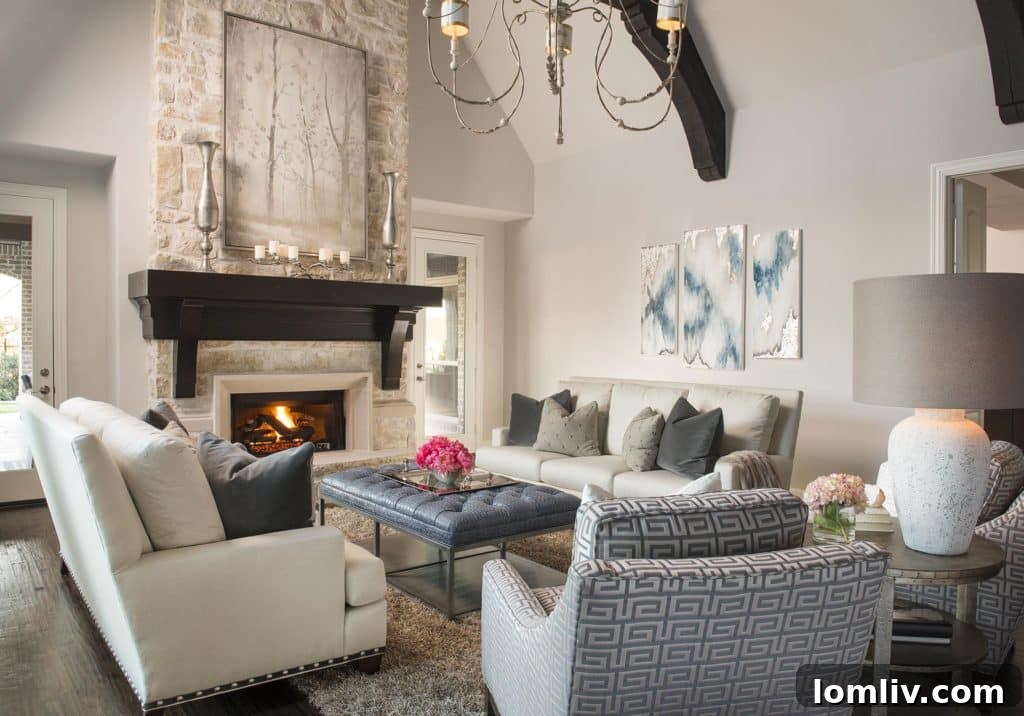 Spacious family room with matching sofas and a custom triptych artwork