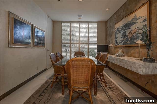 Elegant dining room with a unique floating marble console against a cork wall.
