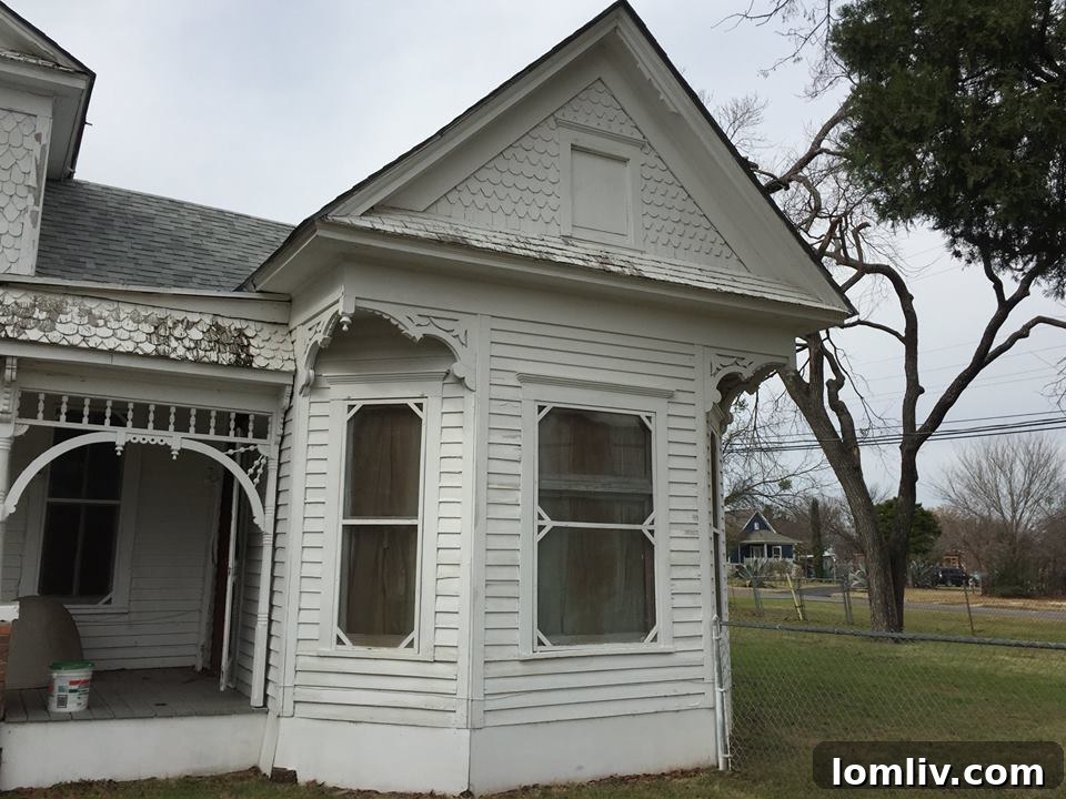 Close-up view of intricate details on the Flanders House, highlighting its Victorian architectural features