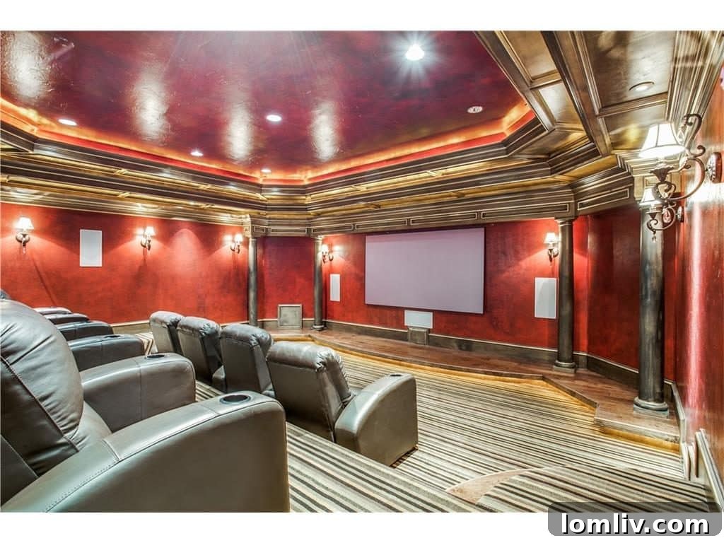 Dramatic home theater bathed in red and gold, offering an immersive cinematic experience