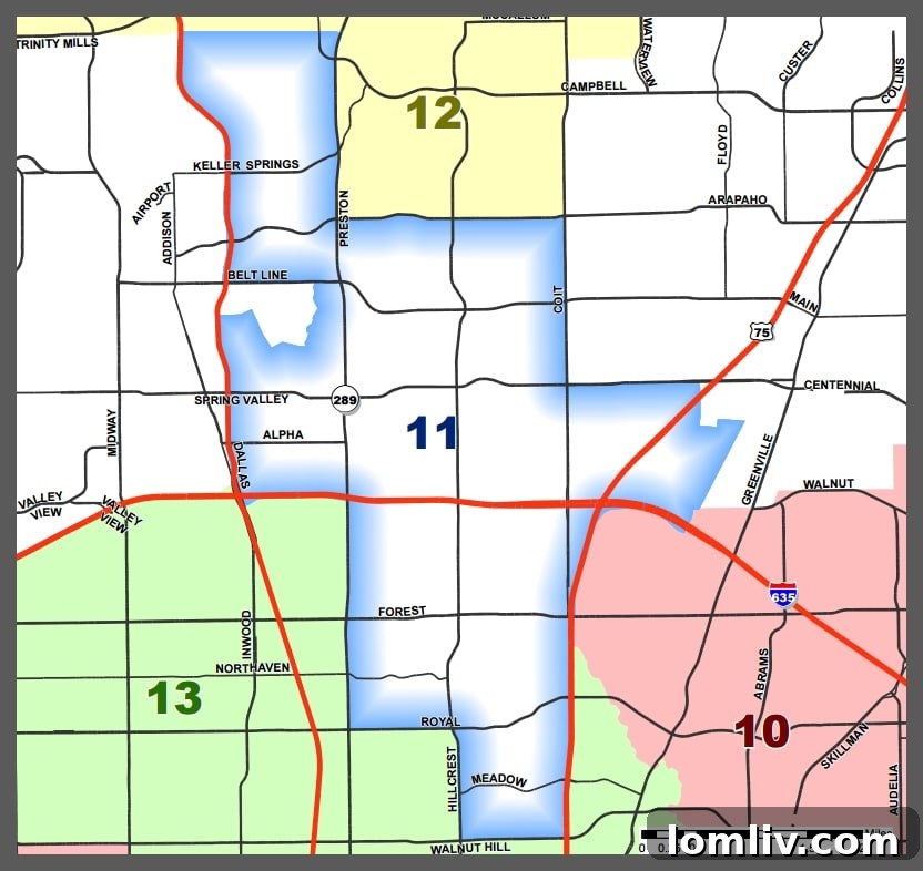 District 11 Map of Dallas, showing the electoral boundaries for the city council election