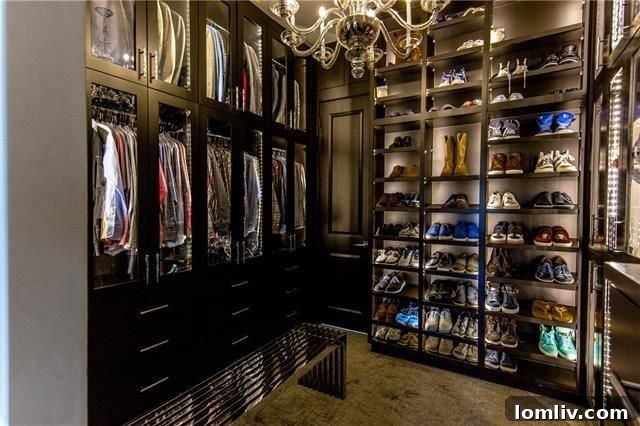 Detailed View of Master Closet with Glass-Front Cabinets and Accessory Valet