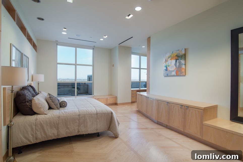 Grand Treviso Penthouse Guest Bedroom with Museum-Style HVAC Vents and City View