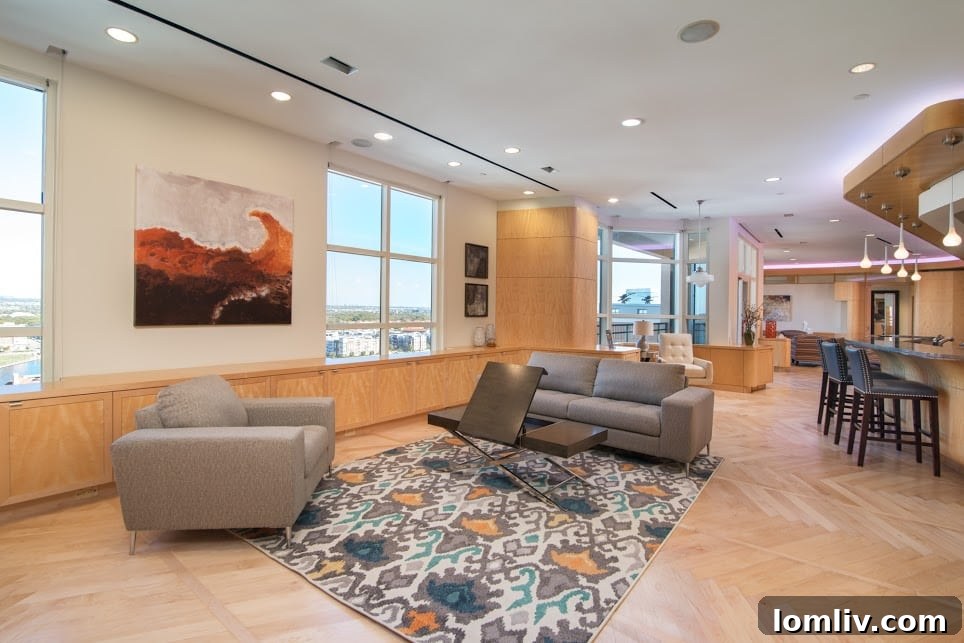 Grand Treviso Penthouse Open Concept Living Area with Herringbone Floors