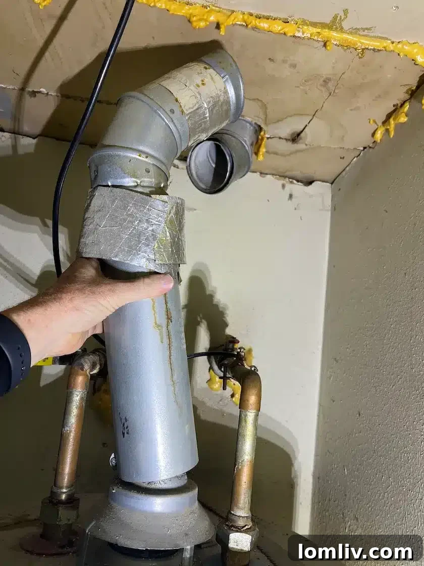 A humorous image illustrating a home repair done poorly with excessive duct tape.