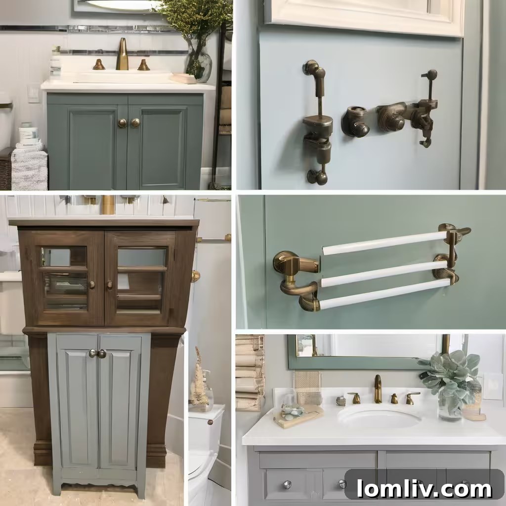 Close-up of a stylish bathroom sink with updated faucet and cabinet hardware