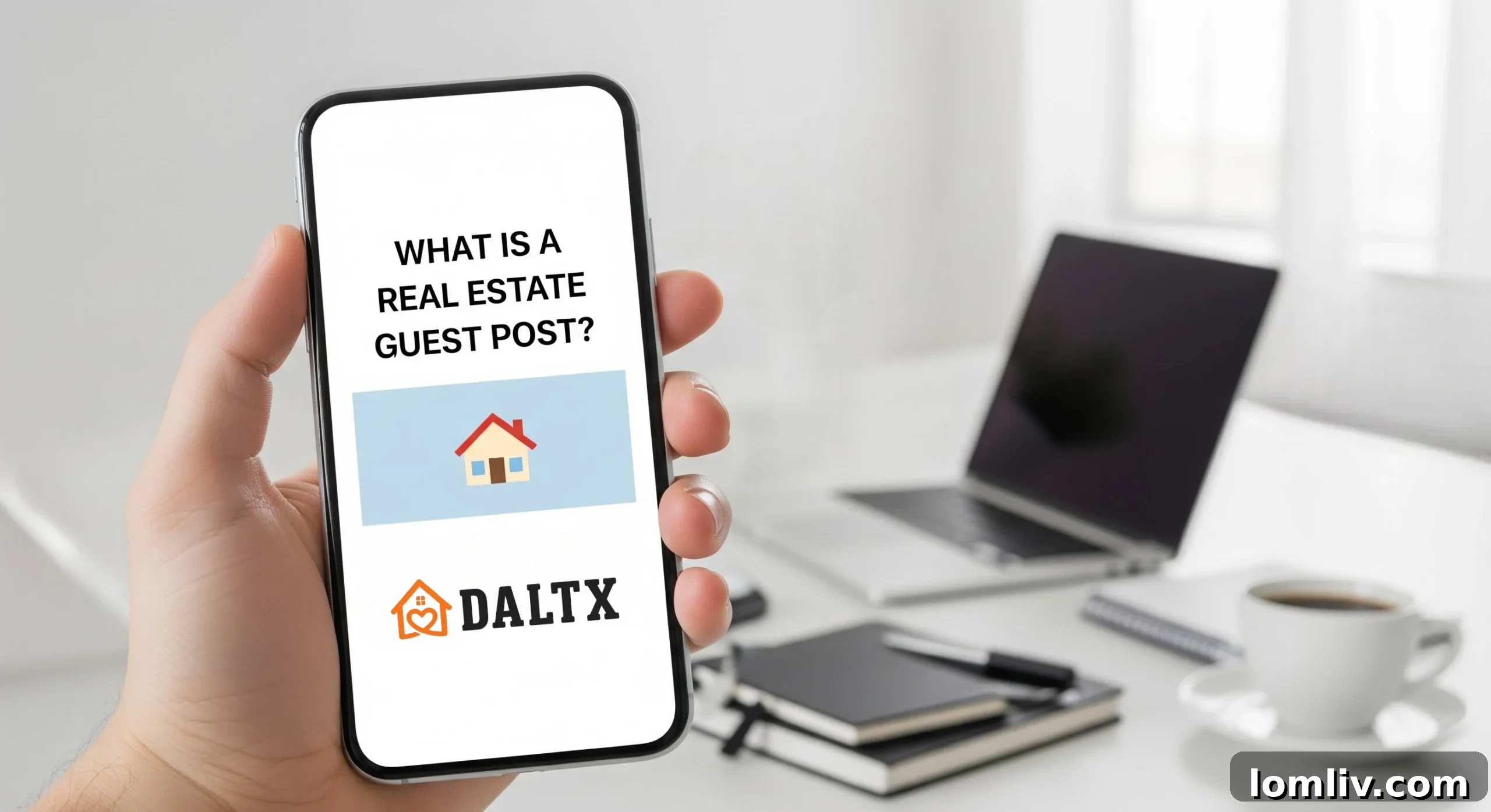 Demystifying Real Estate Guest Posts 3 Smartphone screen displaying the question "What is a real estate guest post?" above the DALX logo, indicating a focus on digital real estate marketing.