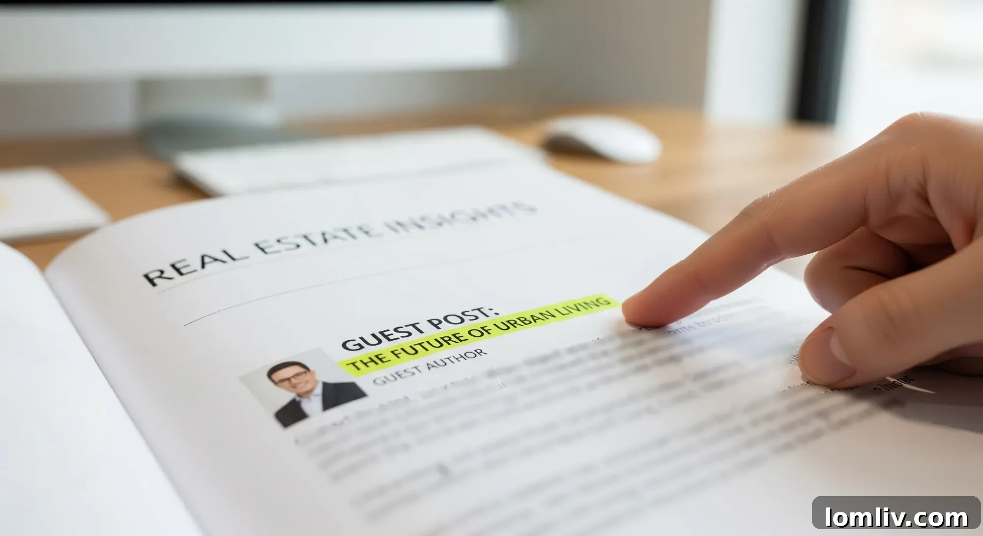 Demystifying Real Estate Guest Posts 4 A hand pointing at a page in a magazine or book that features a guest post, highlighting the importance of compelling content and presentation.