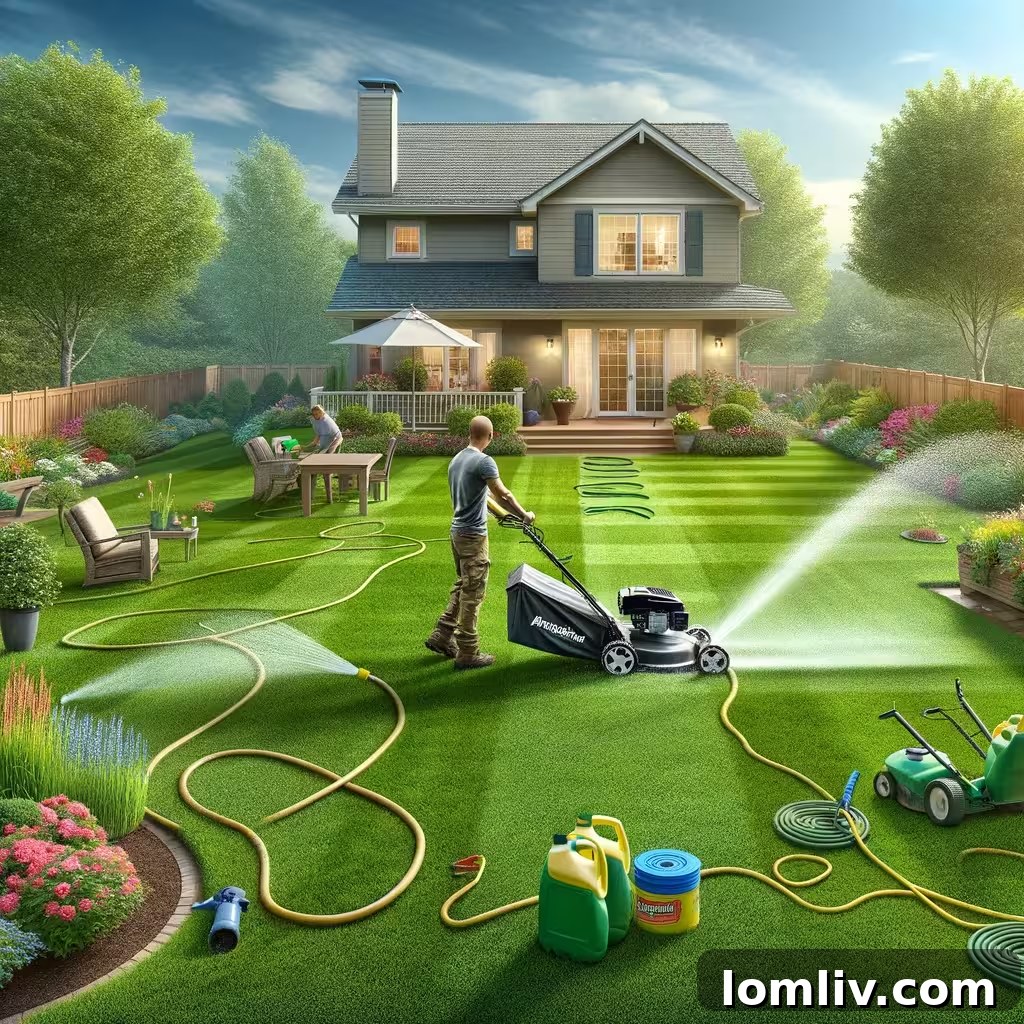 Freshly installed Marathon Sod lawn being watered