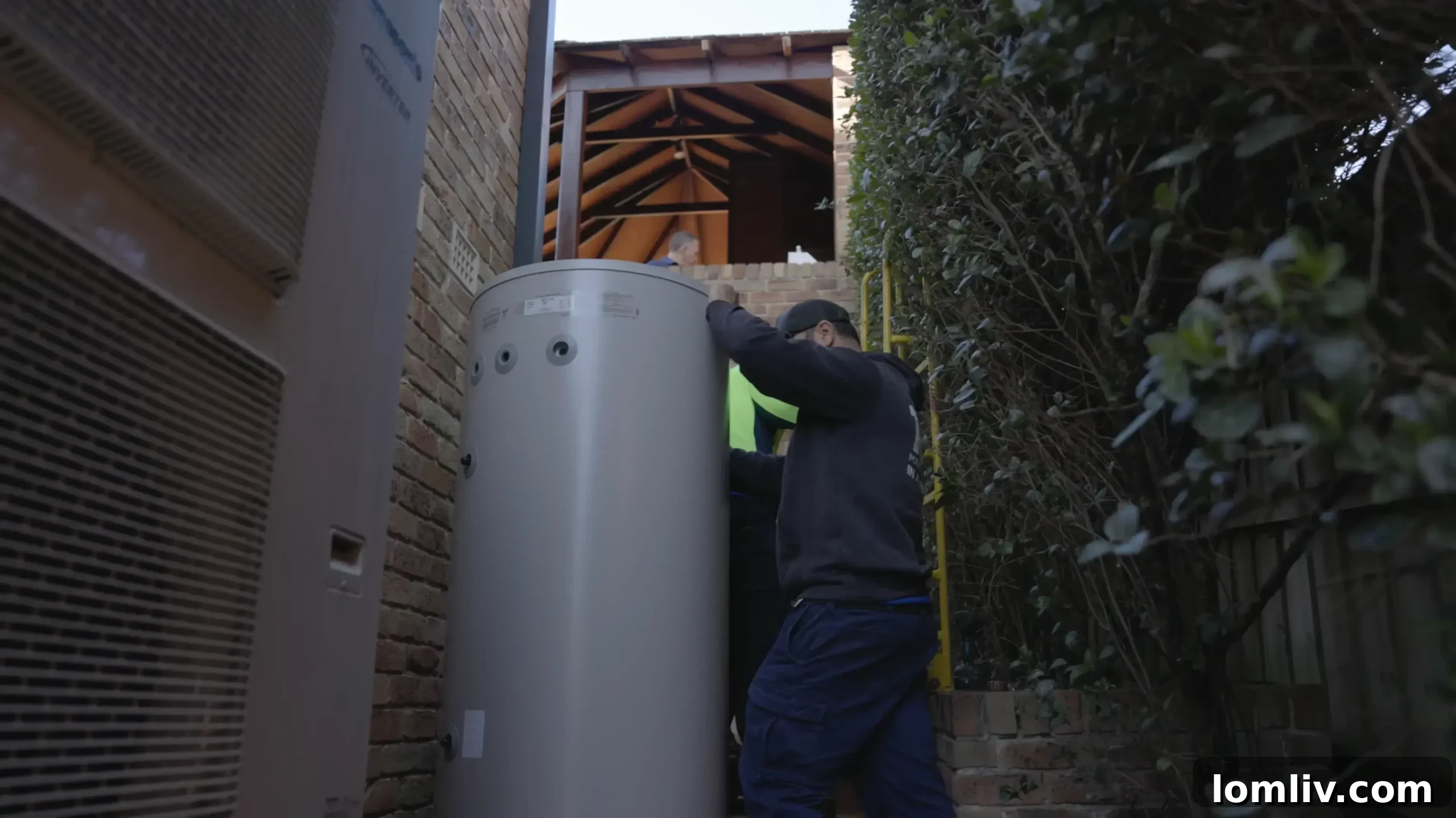 Heat pump electric water heater in a school utility room, symbolizing energy efficiency