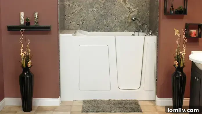 A modern, clean walk-in tub installed in a bright bathroom, highlighting its accessibility features.