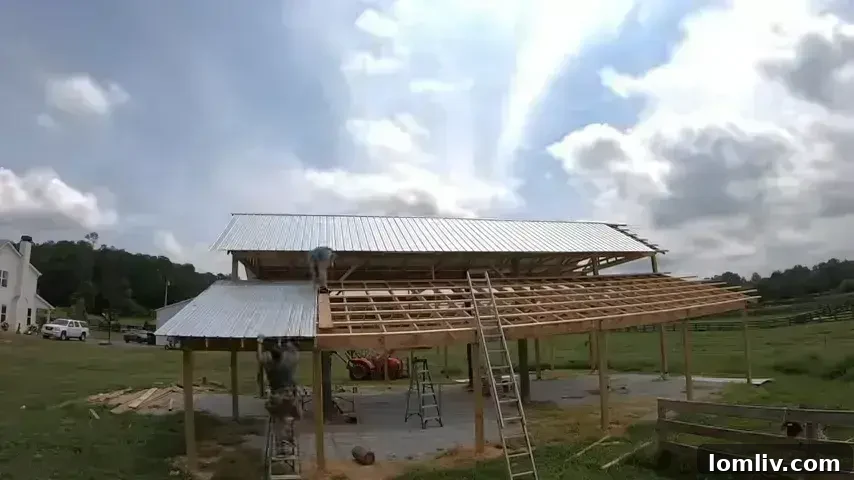 A roofer on a barn, installing new roofing material, highlighting the importance of professional installation.