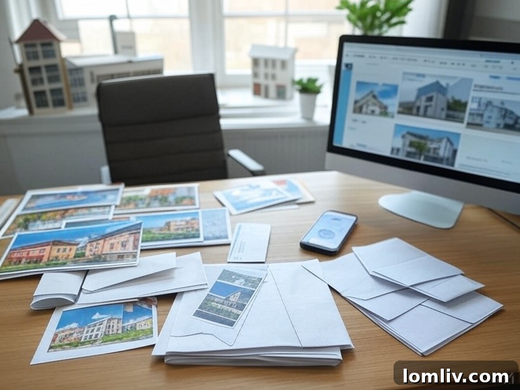 A hand holding a beautifully designed real estate postcard in front of a modern home, symbolizing direct mail marketing success.